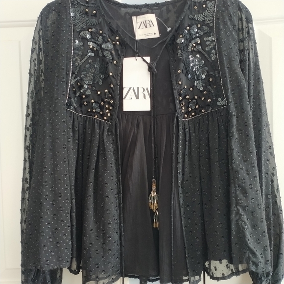 Zara Jackets & Blazers - Zara Plumetis Black Jacket w Sequins and Beaded Tassels XS
